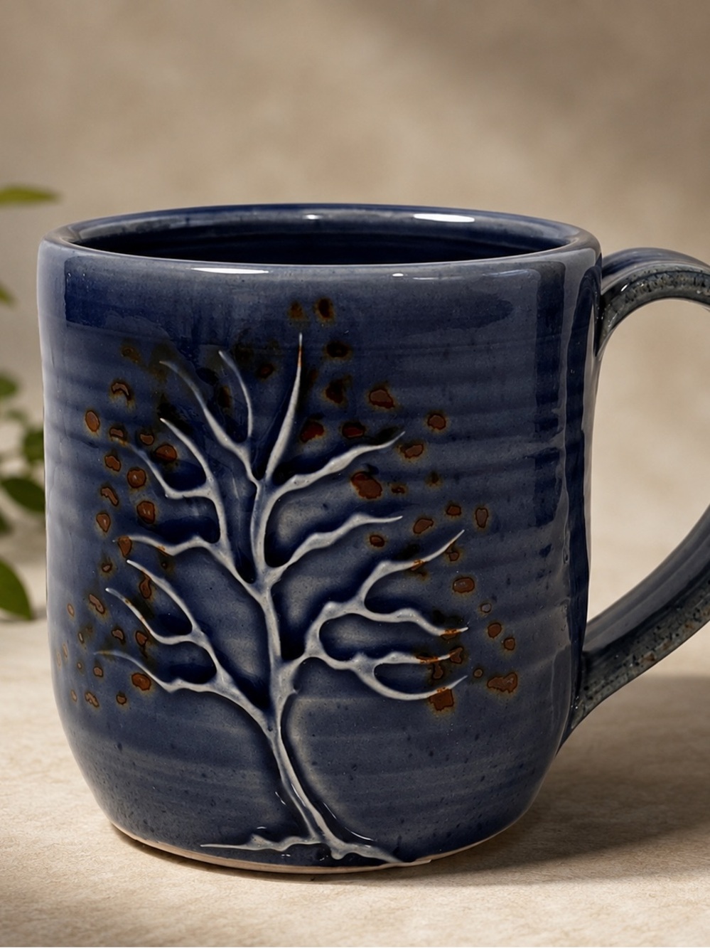 Signed Handmade Studio Pottery Tree Mug | Navy Blue Rustic Ceramic Coffee Cup